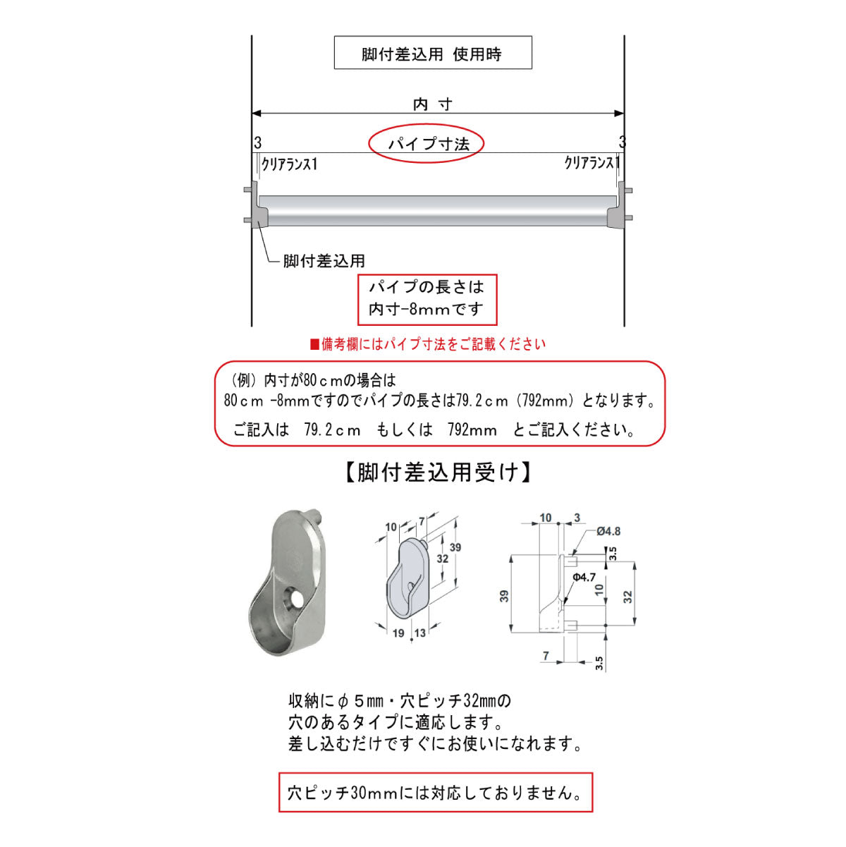 ハンガーパイプ 1メートル カット無料 受け金物セット