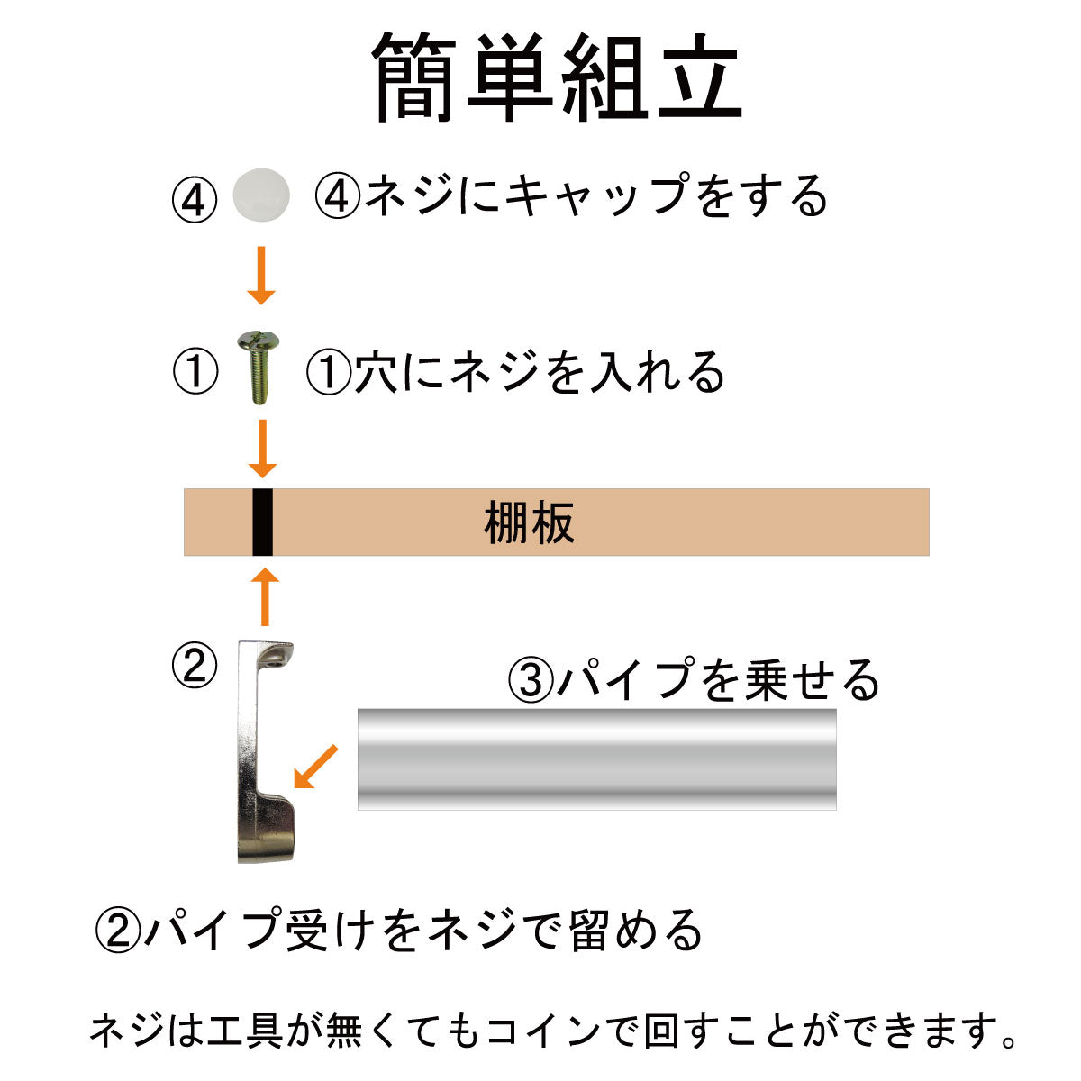ハンガーパイプ付き　オーダー棚板（ホワイト）